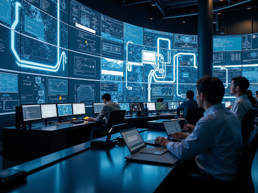 能源管理系统控制中心，大屏幕显示实时数据，技术人员分析图表，现代化办公室环境