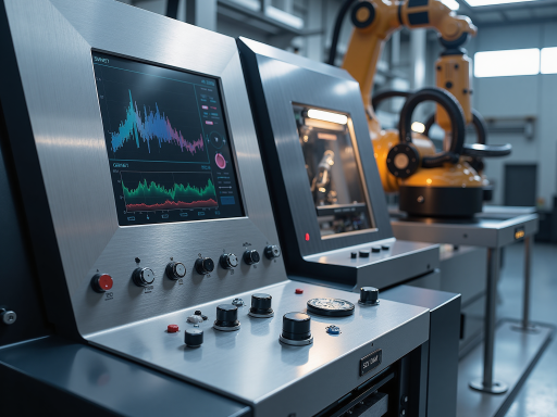 智能化工厂生产线，自动化设备运行，工人监控操作面板，现代工业环境